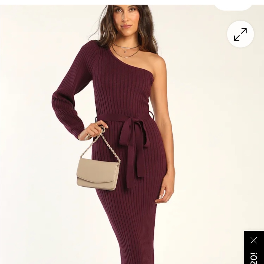 Lulu's One-Shoulder Knit Dress in Burgundy, Beige, and Light Blue - Picture 2 of 16